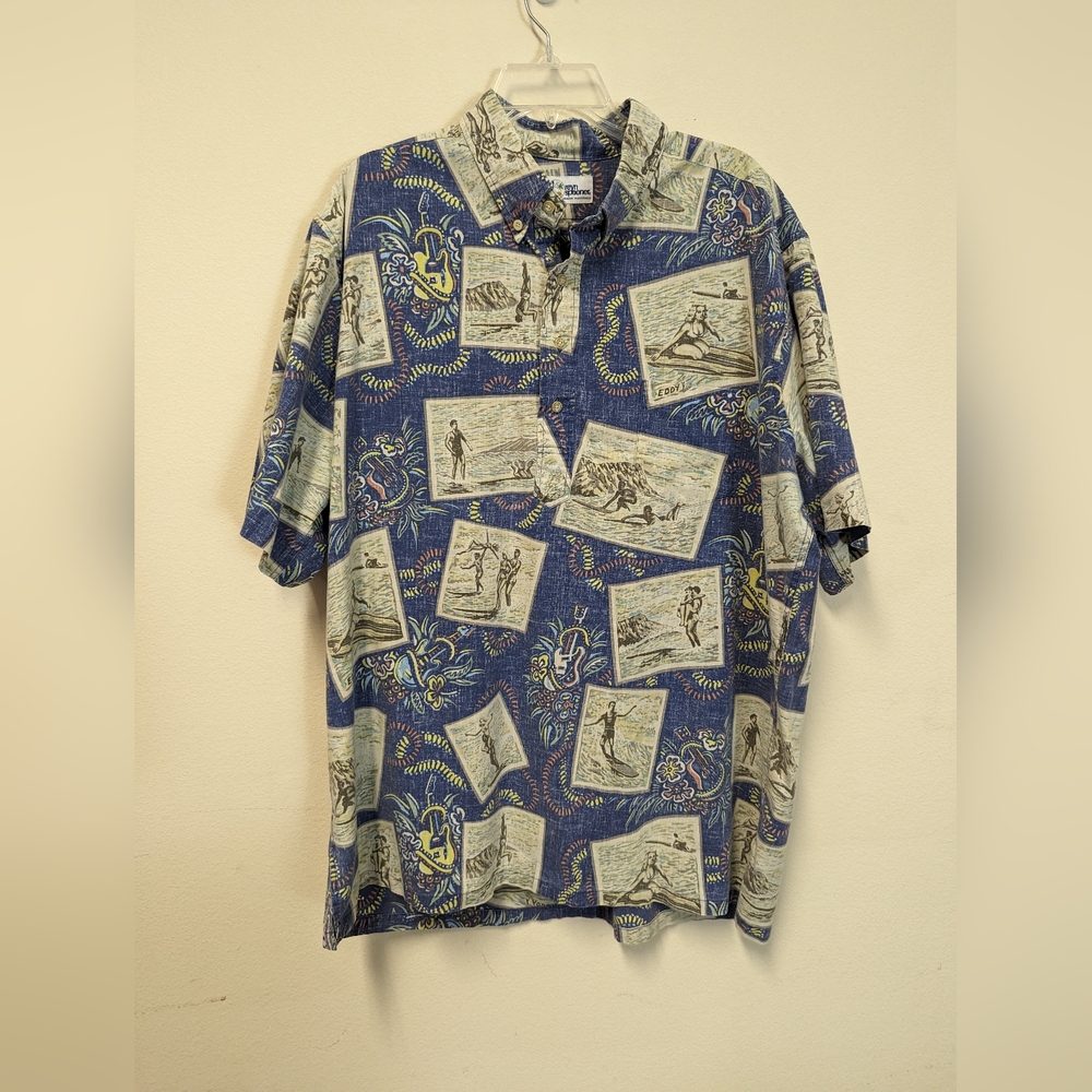 Reyn Spooner Art Of Eddy Y Blue Surfer Print Hawaiian Shirt Size XL AOP Guitars